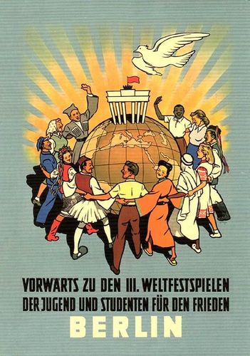 Tarjeta postal "Vorwärts zu den III. Weltfestspielen"